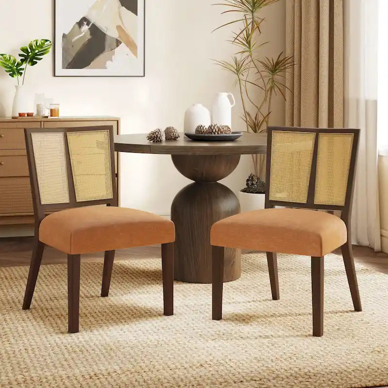 - Oliver Mid-Century Rattan Back Upholstered Dining Chair Set of 2