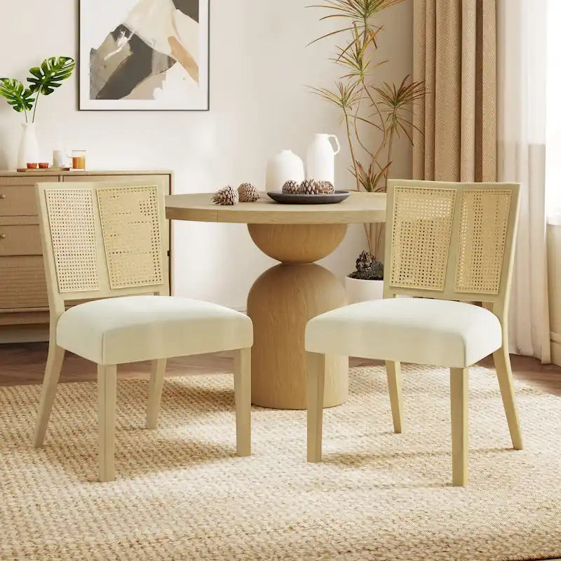 - Oliver Mid-Century Rattan Back Upholstered Dining Chair Set of 2