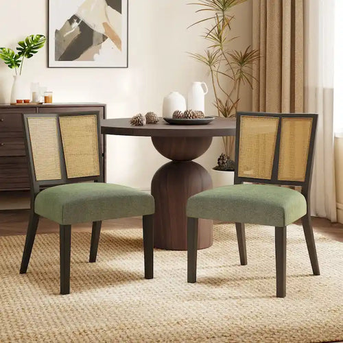 - Oliver Mid-Century Rattan Back Upholstered Dining Chair Set of 2