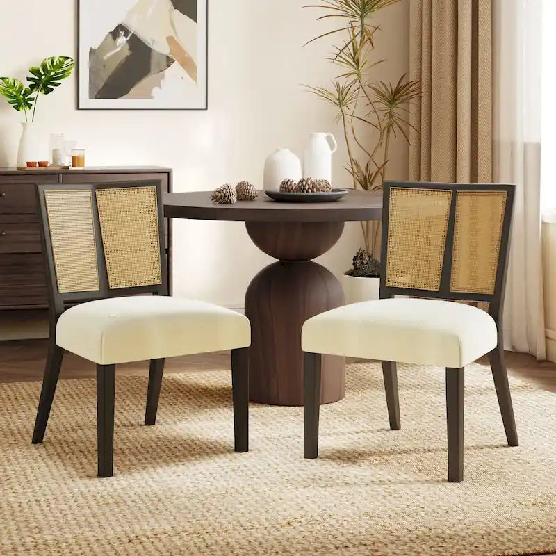 - Oliver Mid-Century Rattan Back Upholstered Dining Chair Set of 2