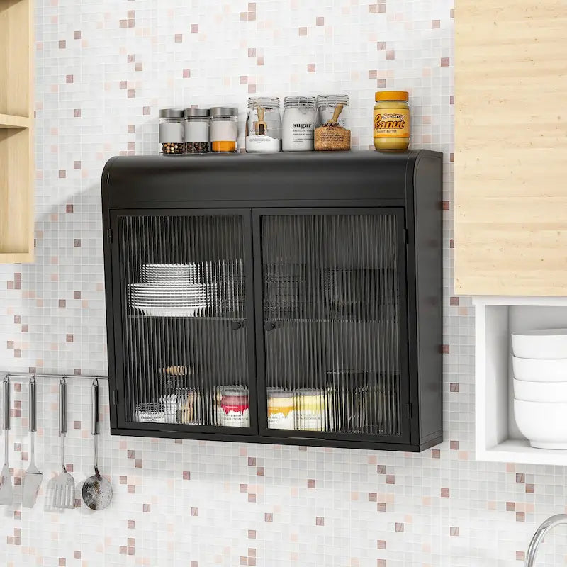 2-Door Wall-Mounted Metal Storage Cabinet with Tempered Glass Doors & Shelves for Bathroom, Kitchen, Living Room & Office