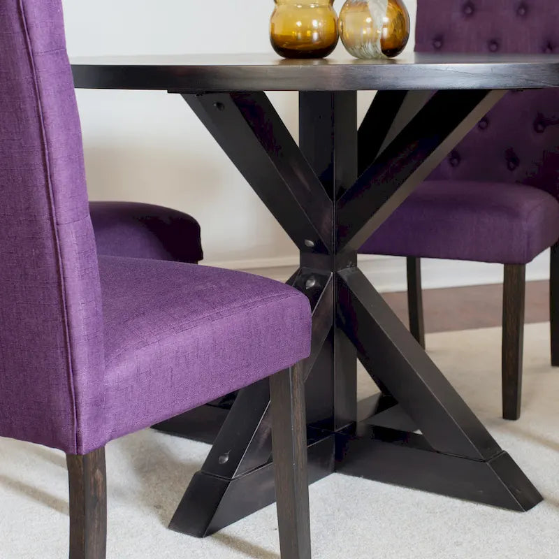 Modern Style 5-Piece Dining Set with Cross Base Round Table and 4 Button Tufted Linen Upholstered Chairs