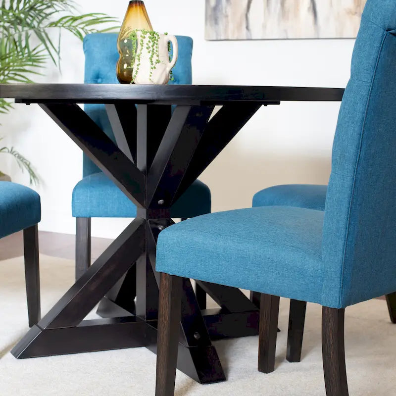 Modern Style 5-Piece Dining Set with Cross Base Round Table and 4 Button Tufted Linen Upholstered Chairs