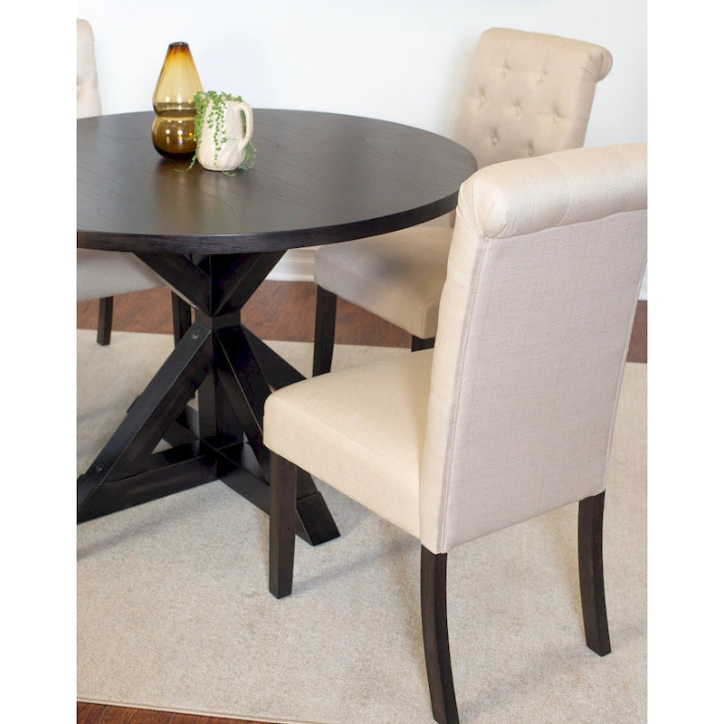 Modern Style 5-Piece Dining Set with Cross Base Round Table and 4 Button Tufted Linen Upholstered Chairs