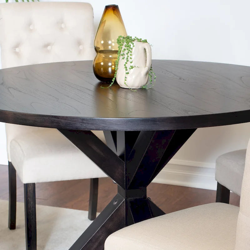 Modern Style 5-Piece Dining Set with Cross Base Round Table and 4 Button Tufted Linen Upholstered Chairs