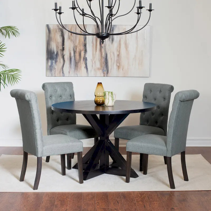 Modern Style 5-Piece Dining Set with Cross Base Round Table and 4 Button Tufted Linen Upholstered Chairs
