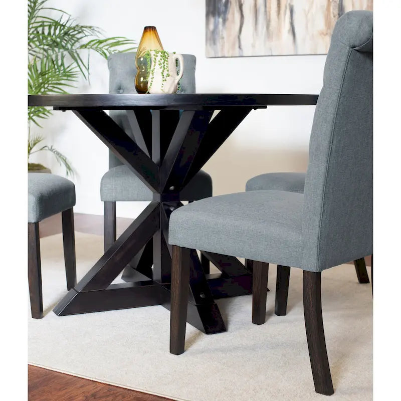 Modern Style 5-Piece Dining Set with Cross Base Round Table and 4 Button Tufted Linen Upholstered Chairs
