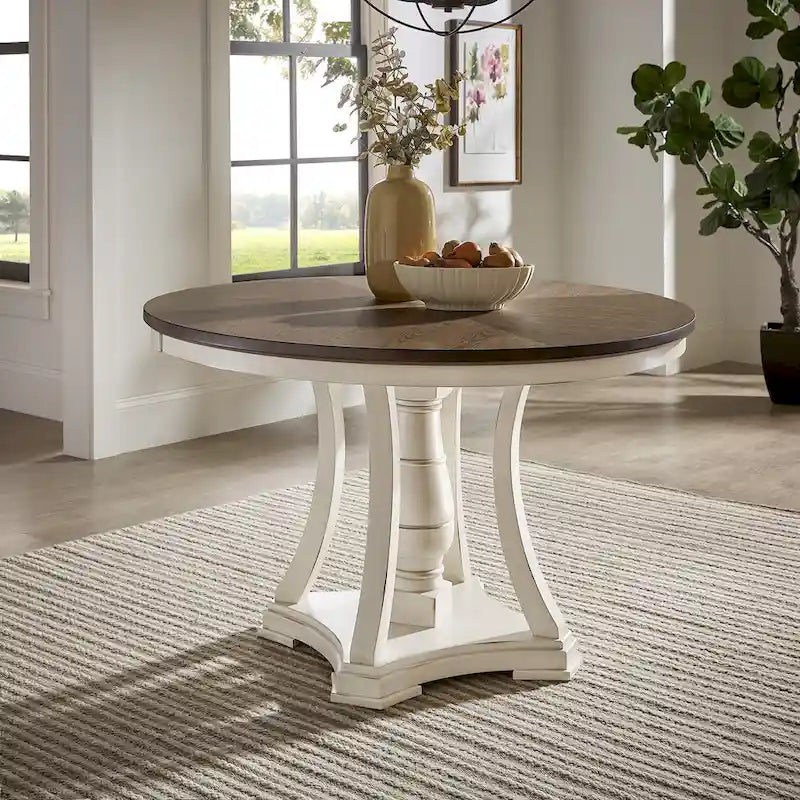 Dual-tone Solid Rubberwood Round Dining Table Set by