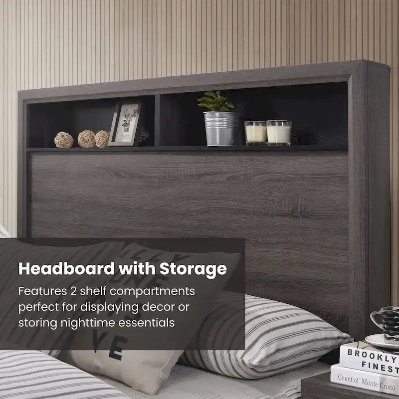 Rothwell Grey Wood Bed with Bookcase Headboard