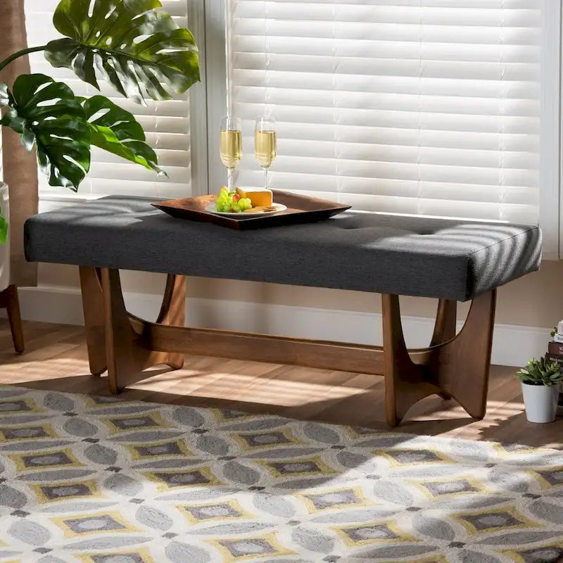 Mid-Century Modern Fabric Upholstered Walnut Finished Bench - 17.9 High x 48.8 Wide x 18.3 Deep