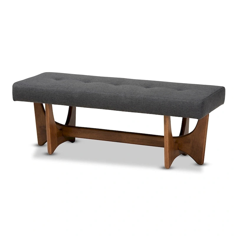 Mid-Century Modern Fabric Upholstered Walnut Finished Bench - 17.9 High x 48.8 Wide x 18.3 Deep