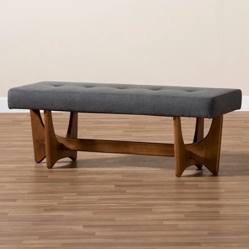 Mid-Century Modern Fabric Upholstered Walnut Finished Bench - 17.9 High x 48.8 Wide x 18.3 Deep