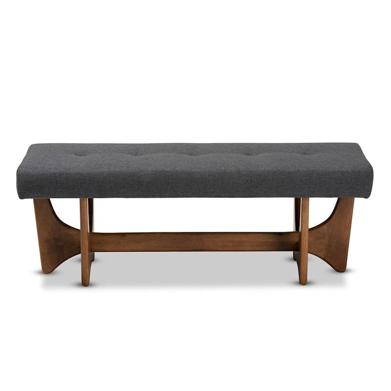 Mid-Century Modern Fabric Upholstered Walnut Finished Bench - 17.9 High x 48.8 Wide x 18.3 Deep