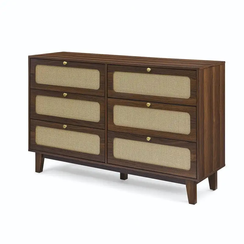  Mid-Century Modern Boho Style 6 Rattan Drawers Double Dresser with MDF Frame and Solid Wood Legs,