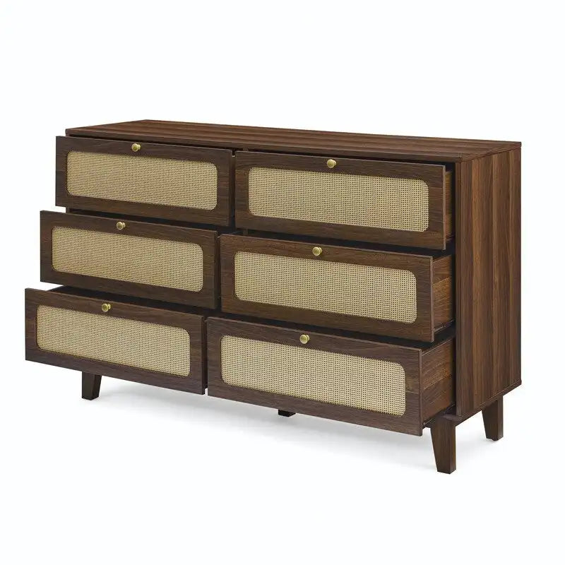 Mid-Century Modern Boho Style 6 Rattan Drawers Double Dresser with MDF Frame and Solid Wood Legs,