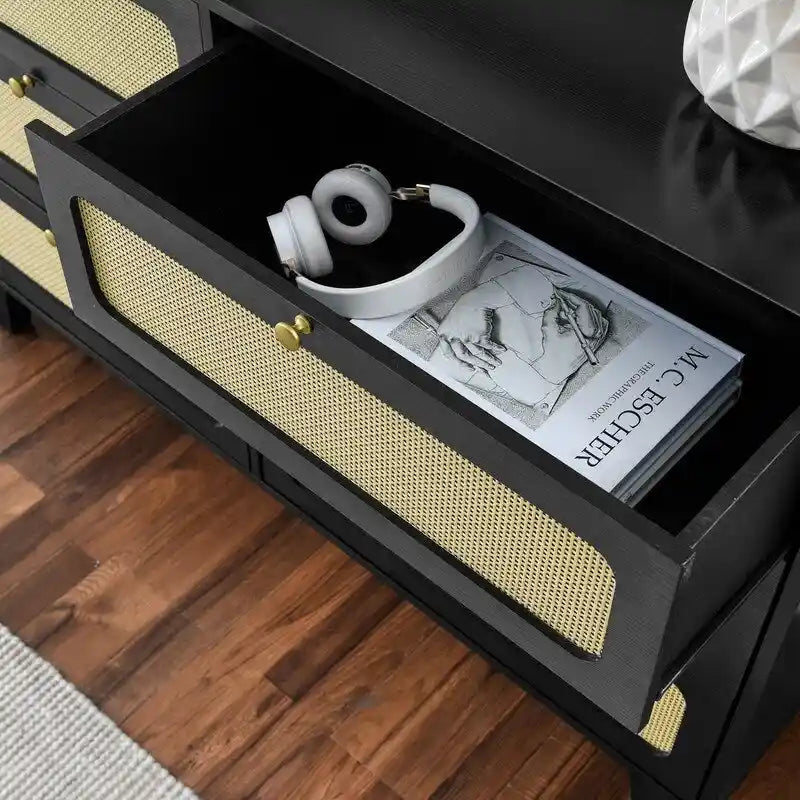 Mid-Century Modern Boho Style 6 Rattan Drawers Double Dresser with MDF Frame and Solid Wood Legs,