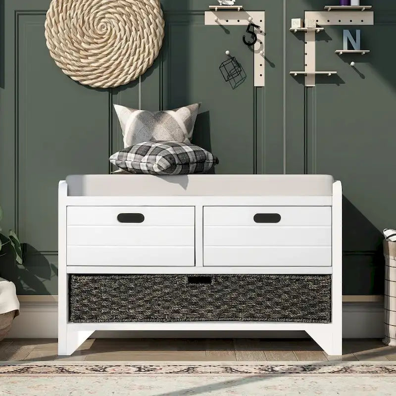 Storage Bench with Removable Basket and 2 Drawers, Fully Assembled Shoe Bench with Removable Cushion