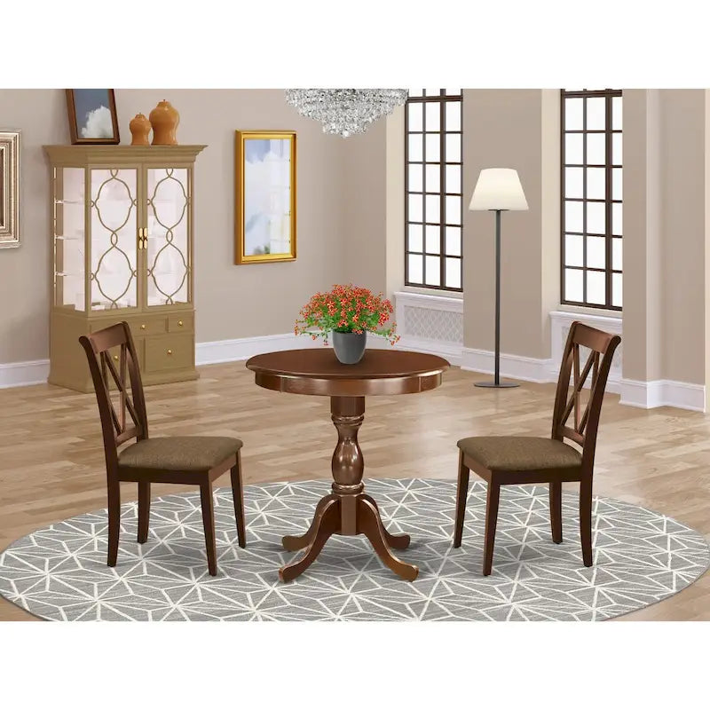  3 Piece Dining Table Set- a Round Kitchen Table with Pedestal and 2 Dining Chairs, Mahogany(Seat Options)