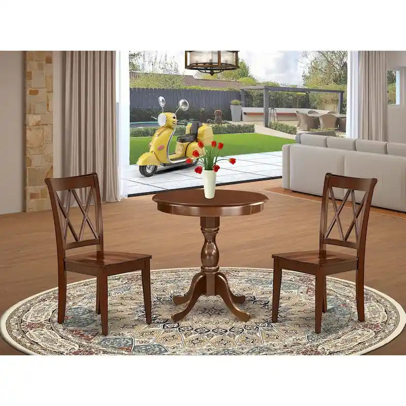 3 Piece Dining Table Set- a Round Kitchen Table with Pedestal and 2 Dining Chairs, Mahogany(Seat Options)