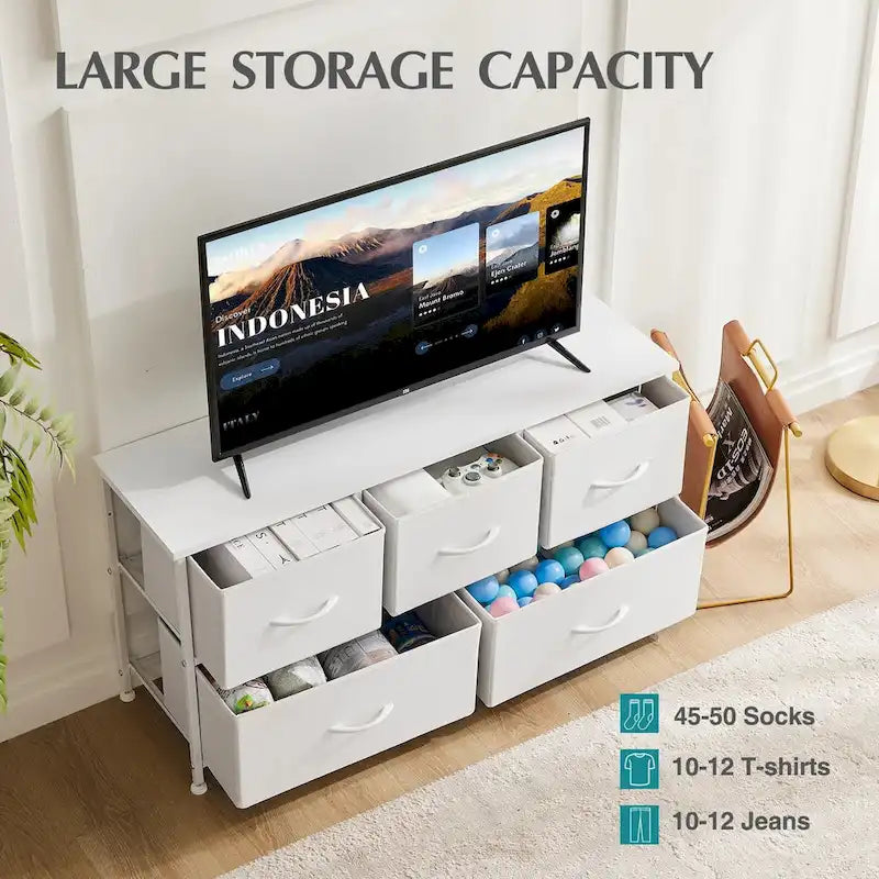 Dresser for Bedroom with 5 Fabric Drawers, Tall Chest Organizer Units for Clothing, Closet, Kidsroom, Storage Tower with Cabinet