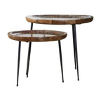 2 Piece Round Nesting Tray Top Table Set, Carved Edges, Motif Design, Brown