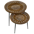 2 Piece Round Nesting Tray Top Table Set, Carved Edges, Motif Design, Brown