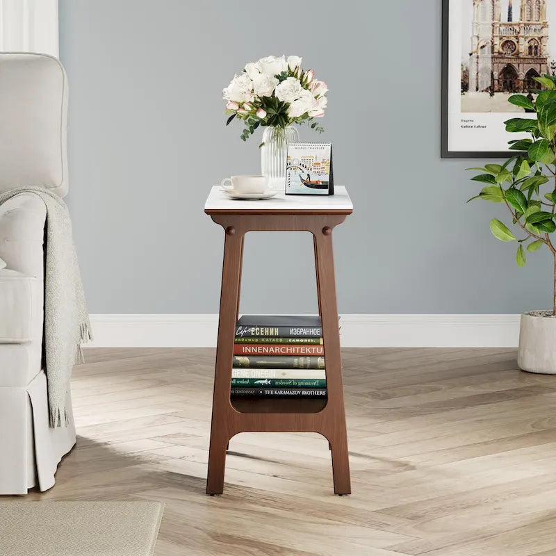 Brown Narrow Slate Side Table with Storage Shelf